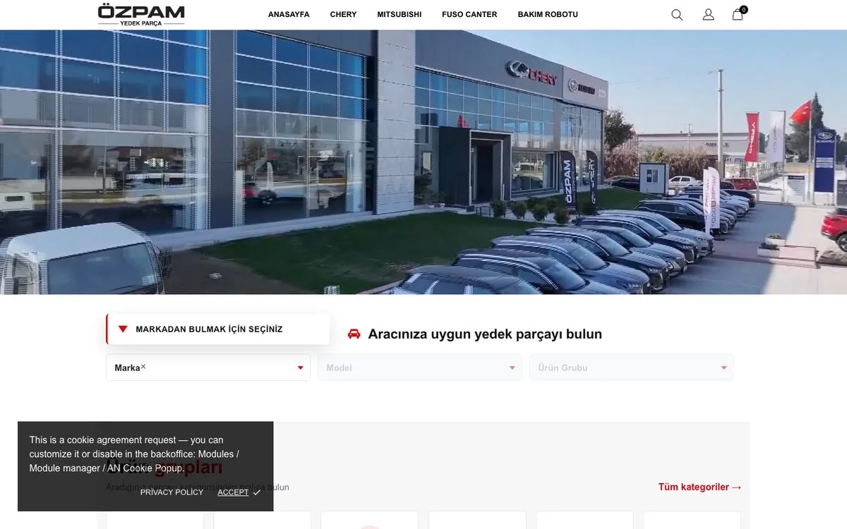 Özpam Yedek Parça ana sayfa görünümü